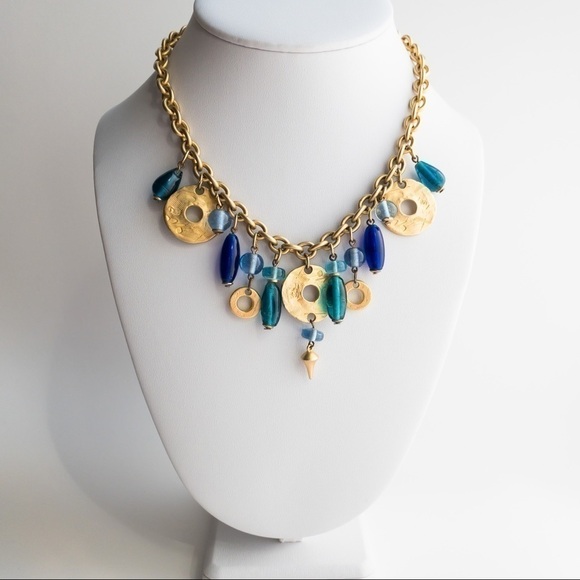 Chunky Gold Tone Charm Pendant Chain Necklace Blue Green Glass Deja Designs - Picture 2 of 13